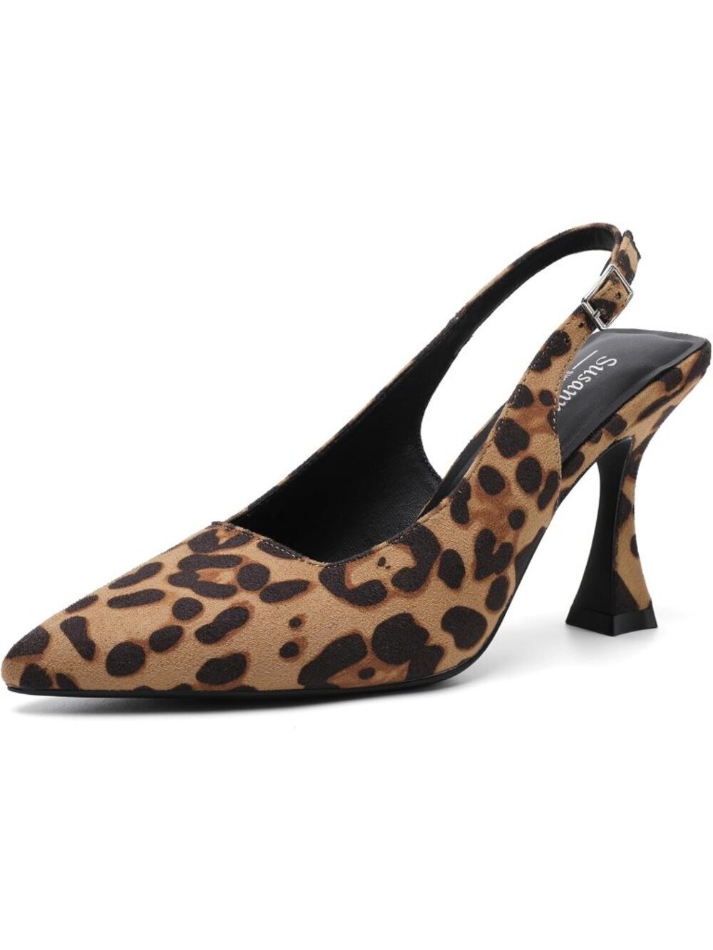 Women's Leopard Suede Slingback Kitten Pump Closed Pointy Toe Chunky Heel Shoes